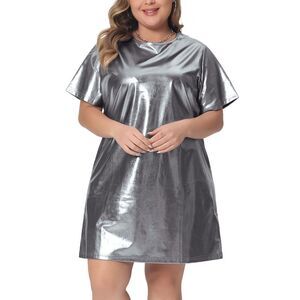 Plus Size Dress Round Neck Short Sleeve Party Loose Mini T-Shirt Dress Silver